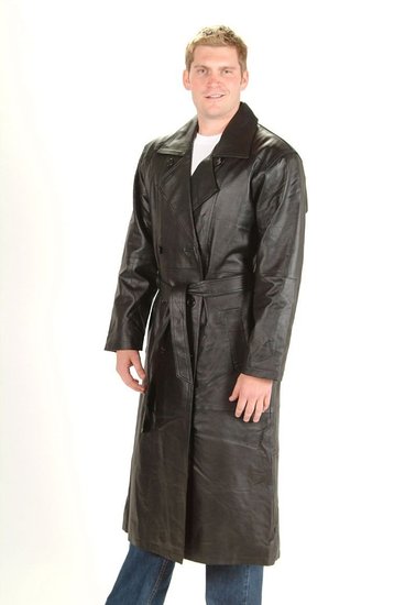 Men's Long Trench Coat Button /Belted Black Genuine Soft Leather Jacket